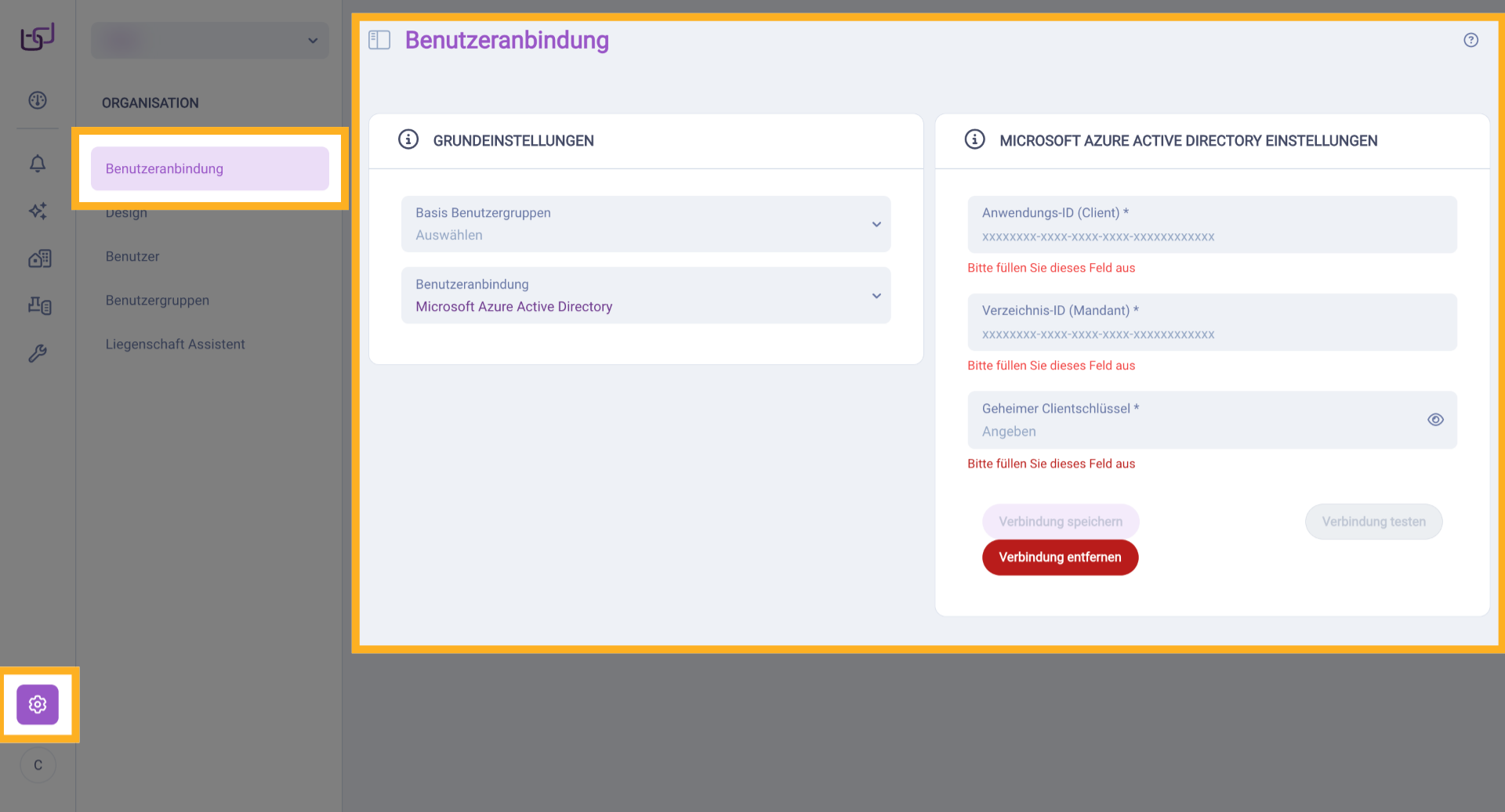 Benutzeranbindung Öffnen