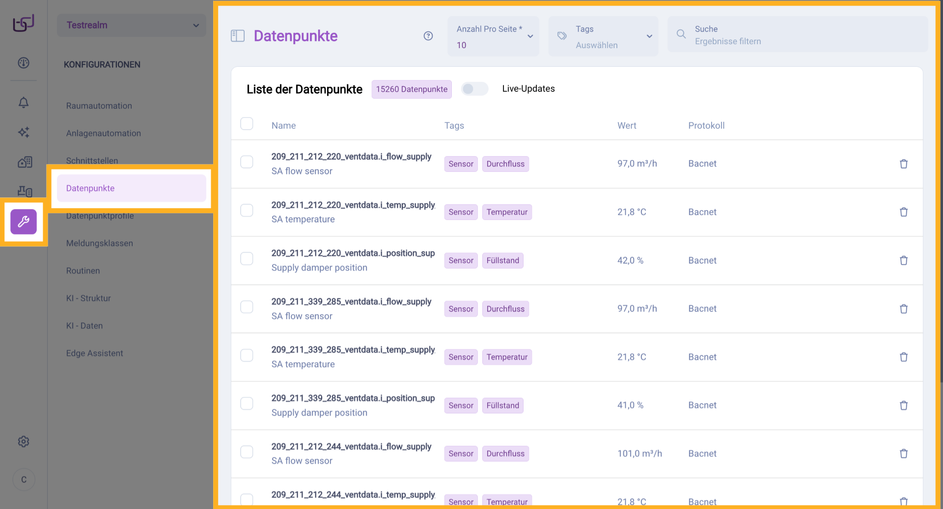 Datenpunkte Übersicht Öffnen