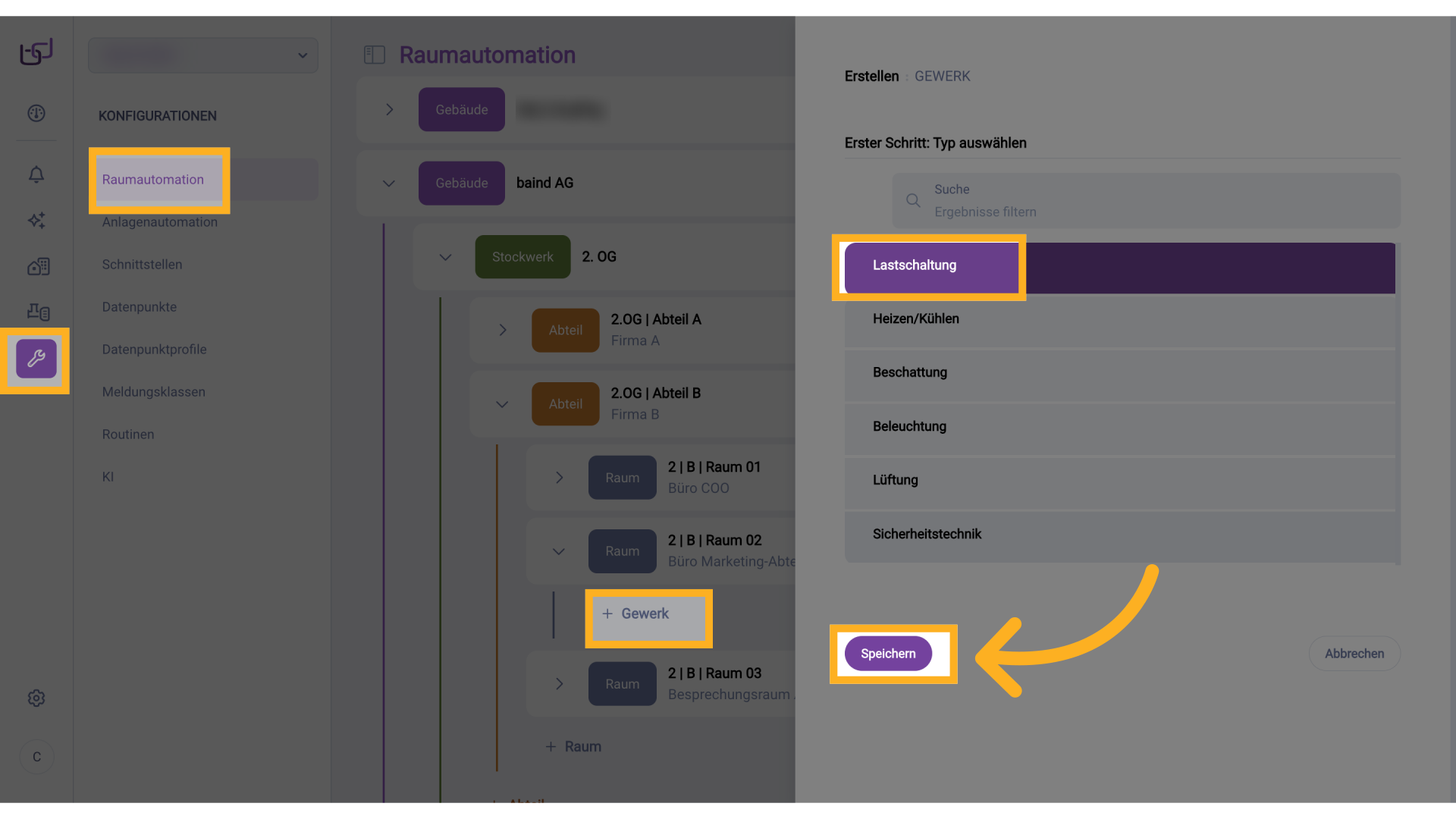 Gewerk Lastschaltung anlegen