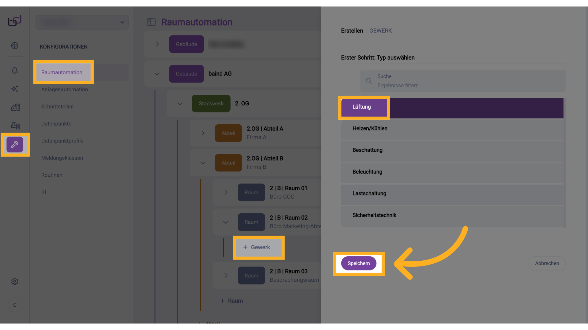 Gewerk Lüftung anlegen