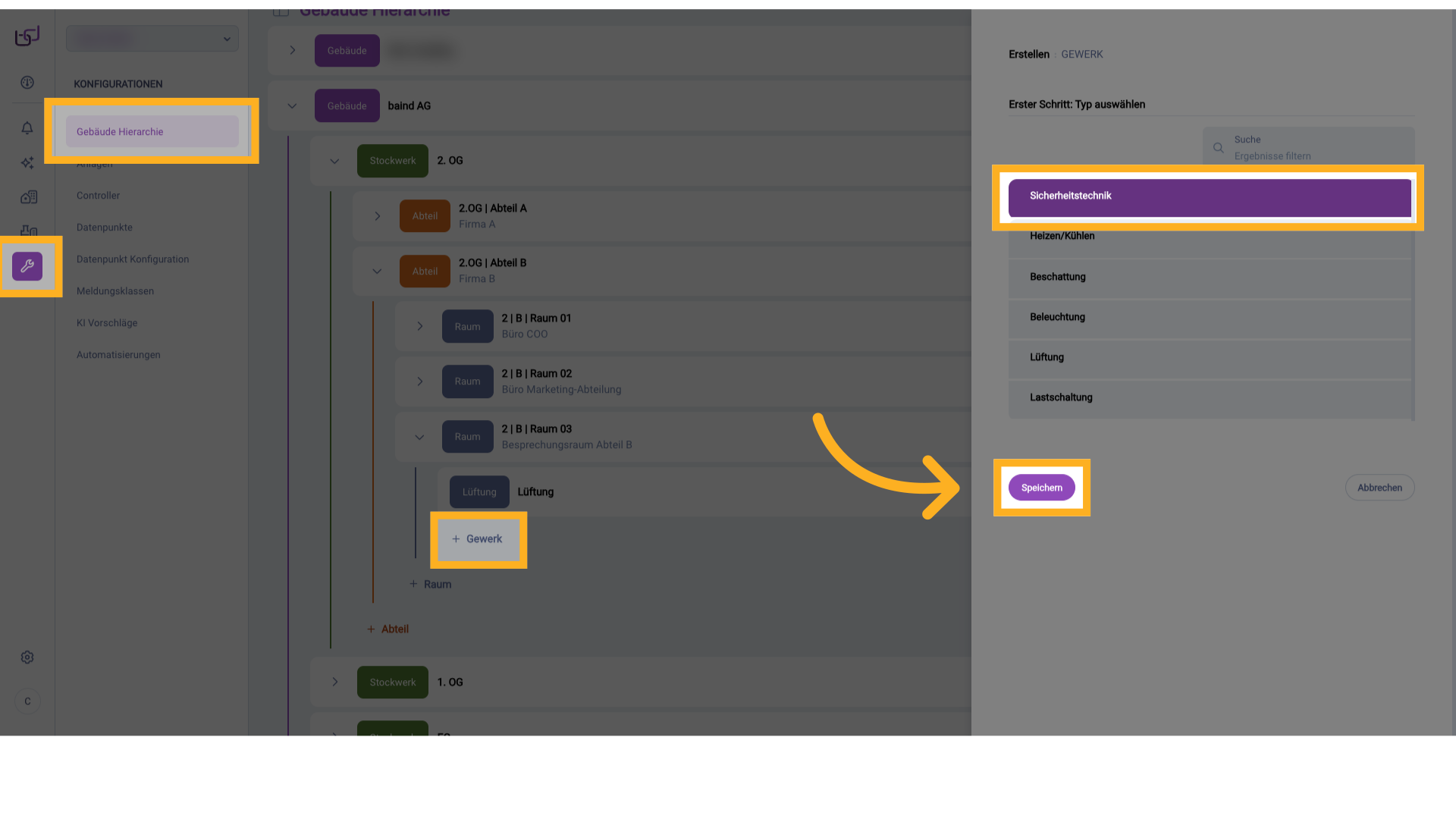 Gewerk Sicherheitstechnik anlegen