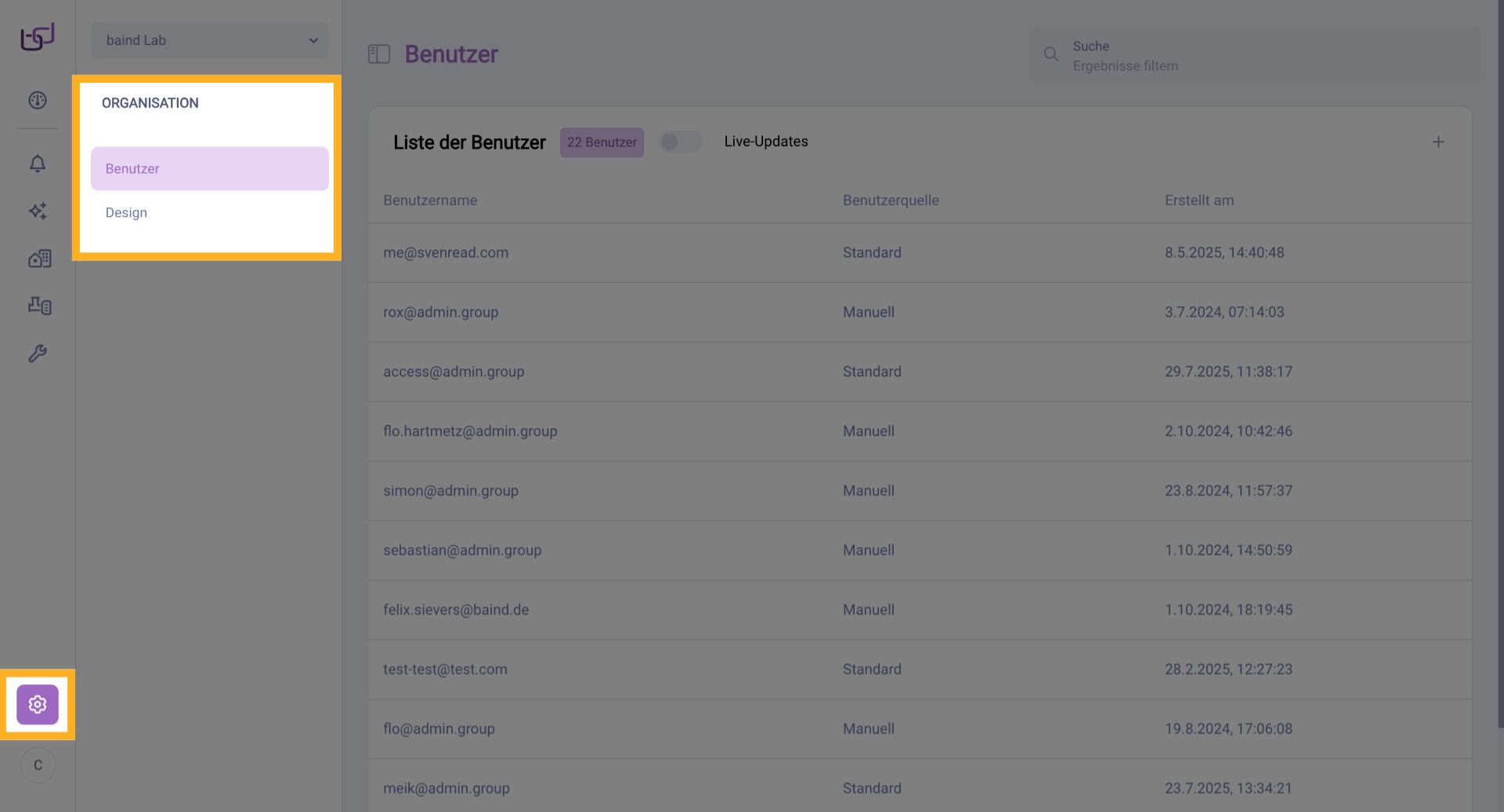 Organisation-Bereich öffnen