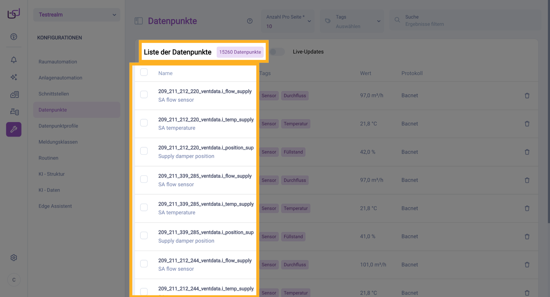 Datenpunkte Übersicht Öffnen