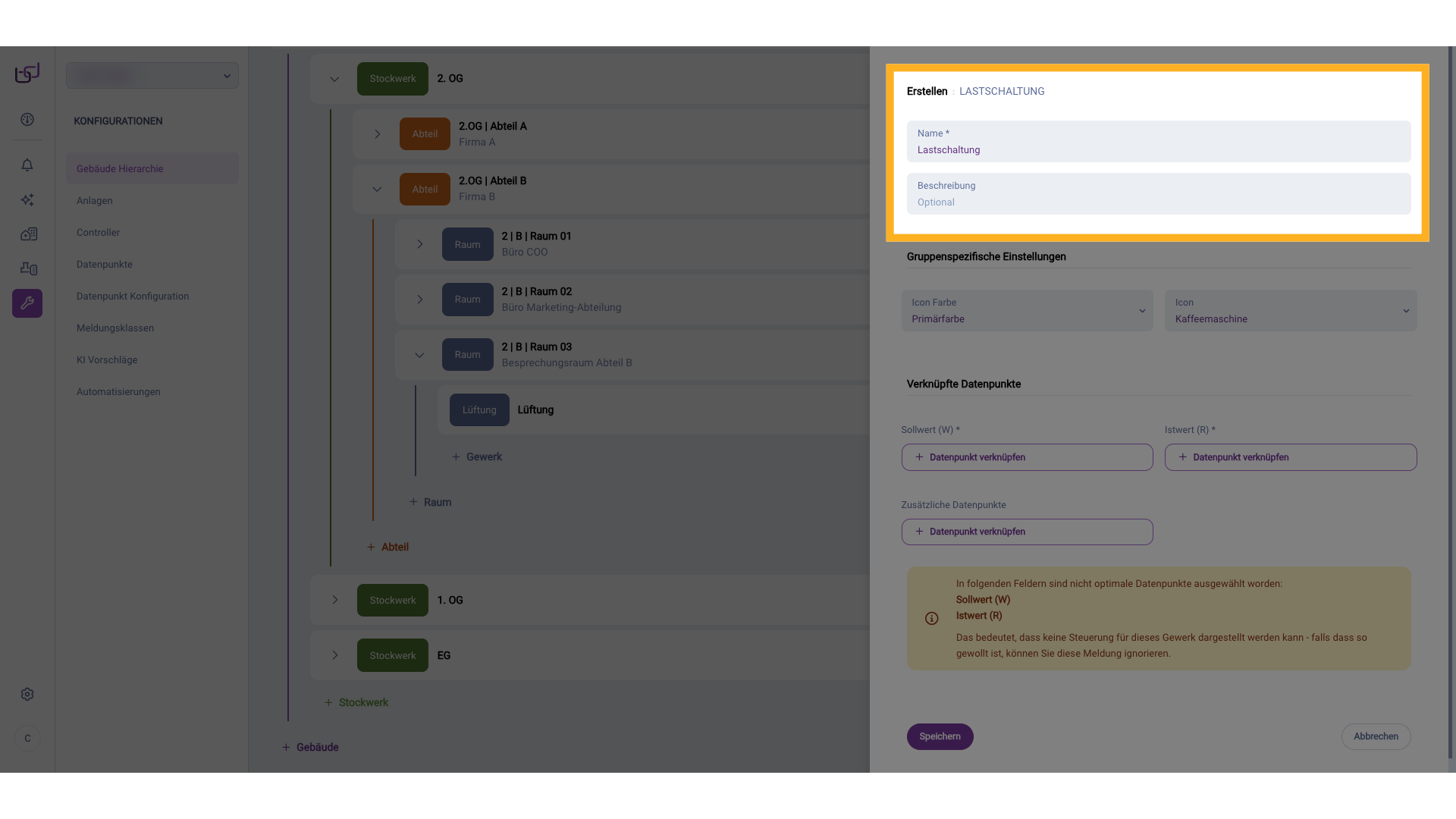 Gewerk Lastschaltung anlegen