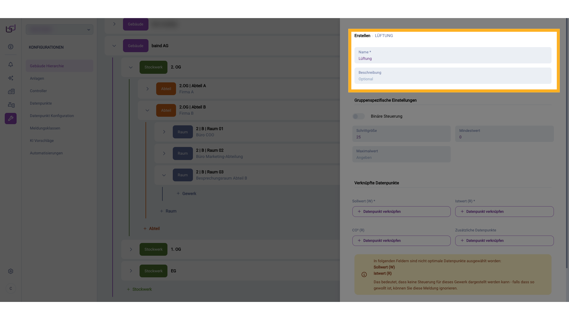 Gewerk Lüftung anlegen