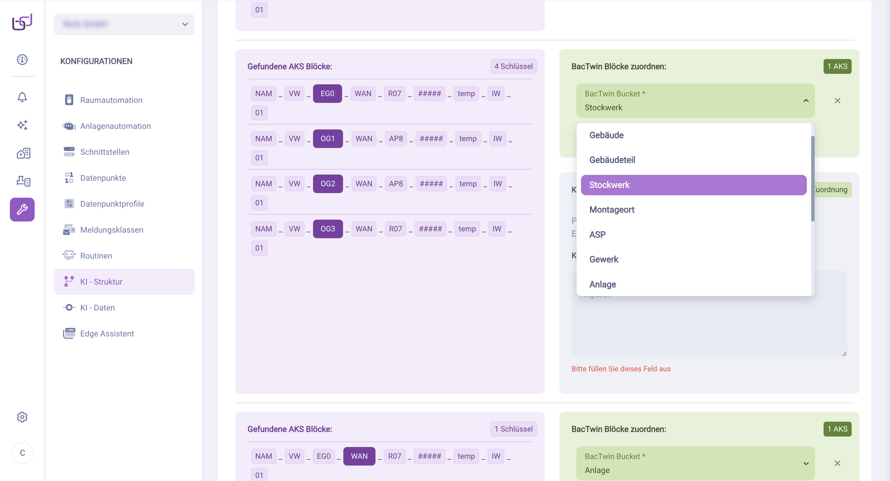 BACtwin-Ebene Dropdown