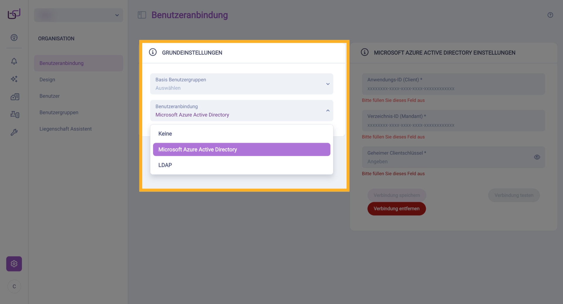 Benutzeranbindungs-Provider Wählen