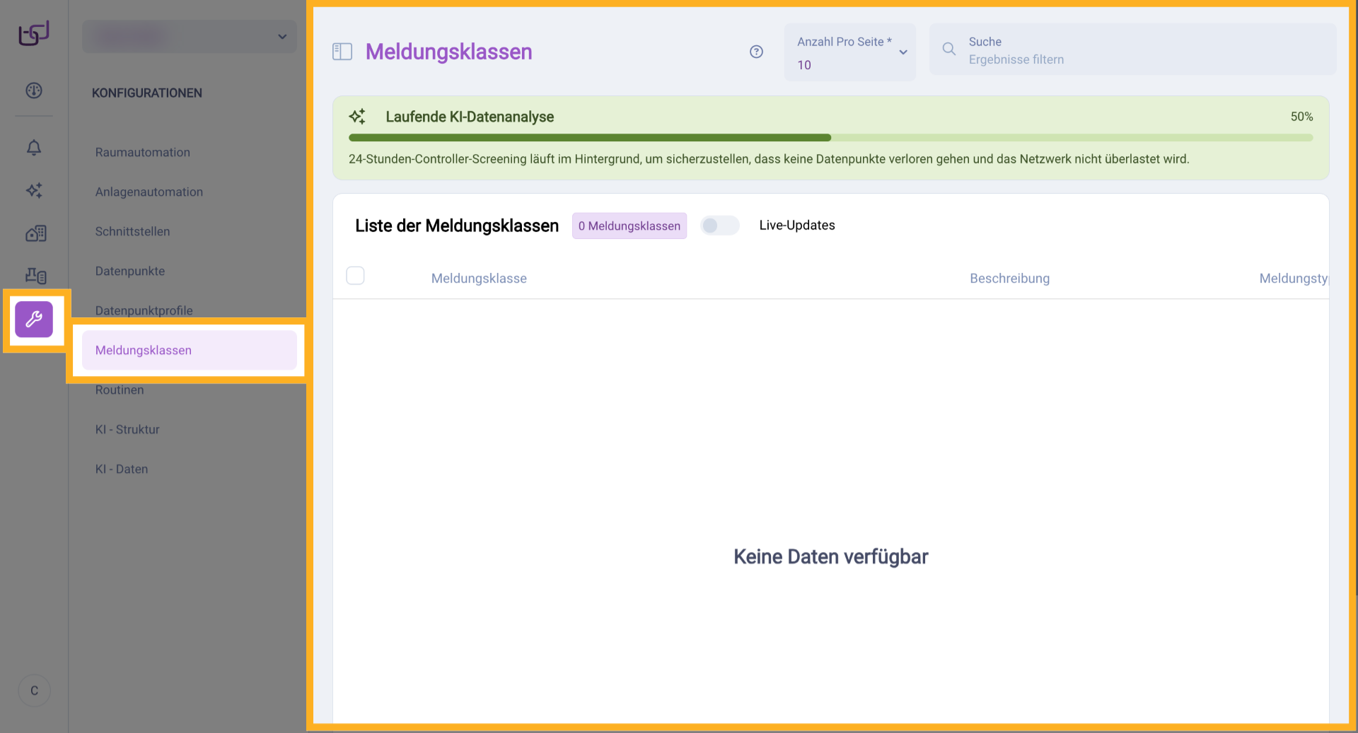 Konfigurationen > Meldungsklassen mit Schreibrechten