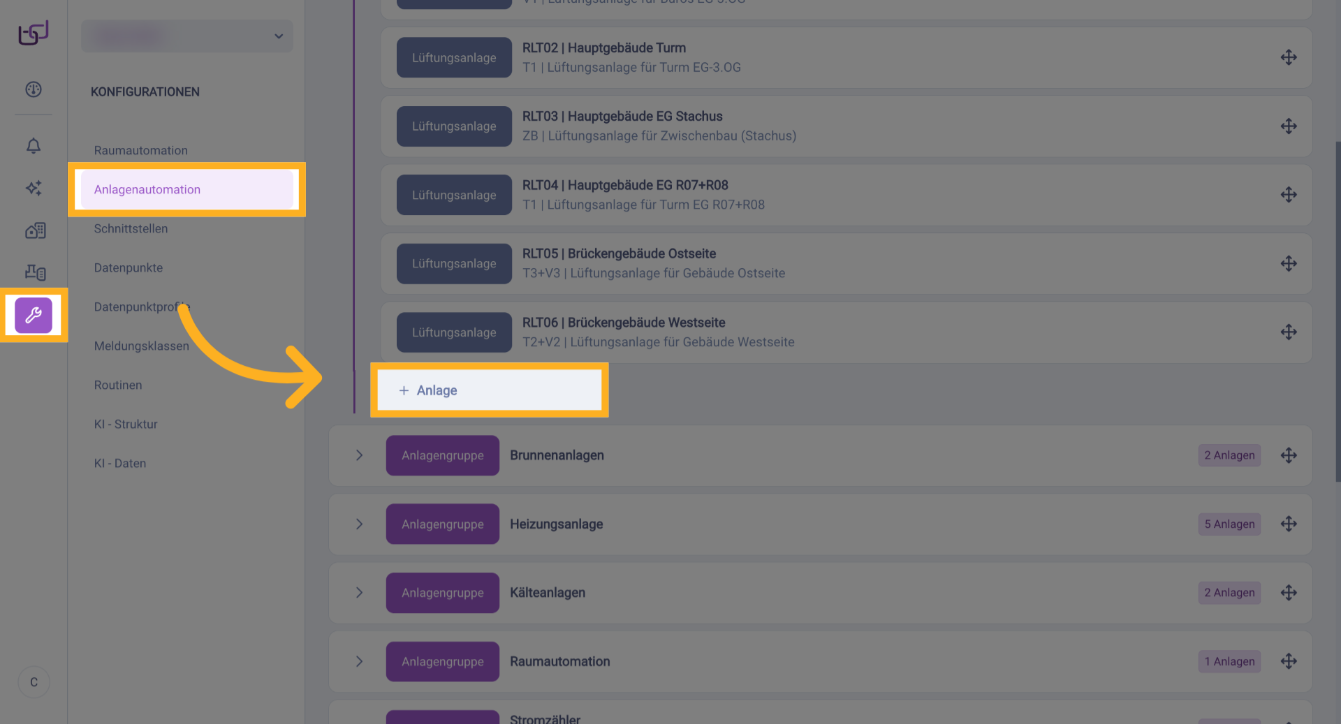 Konfigurationen > Anlagenautomation - Anlagen erstellen