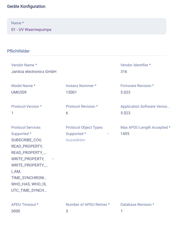 BACnet Gerät - Pflichtfelder