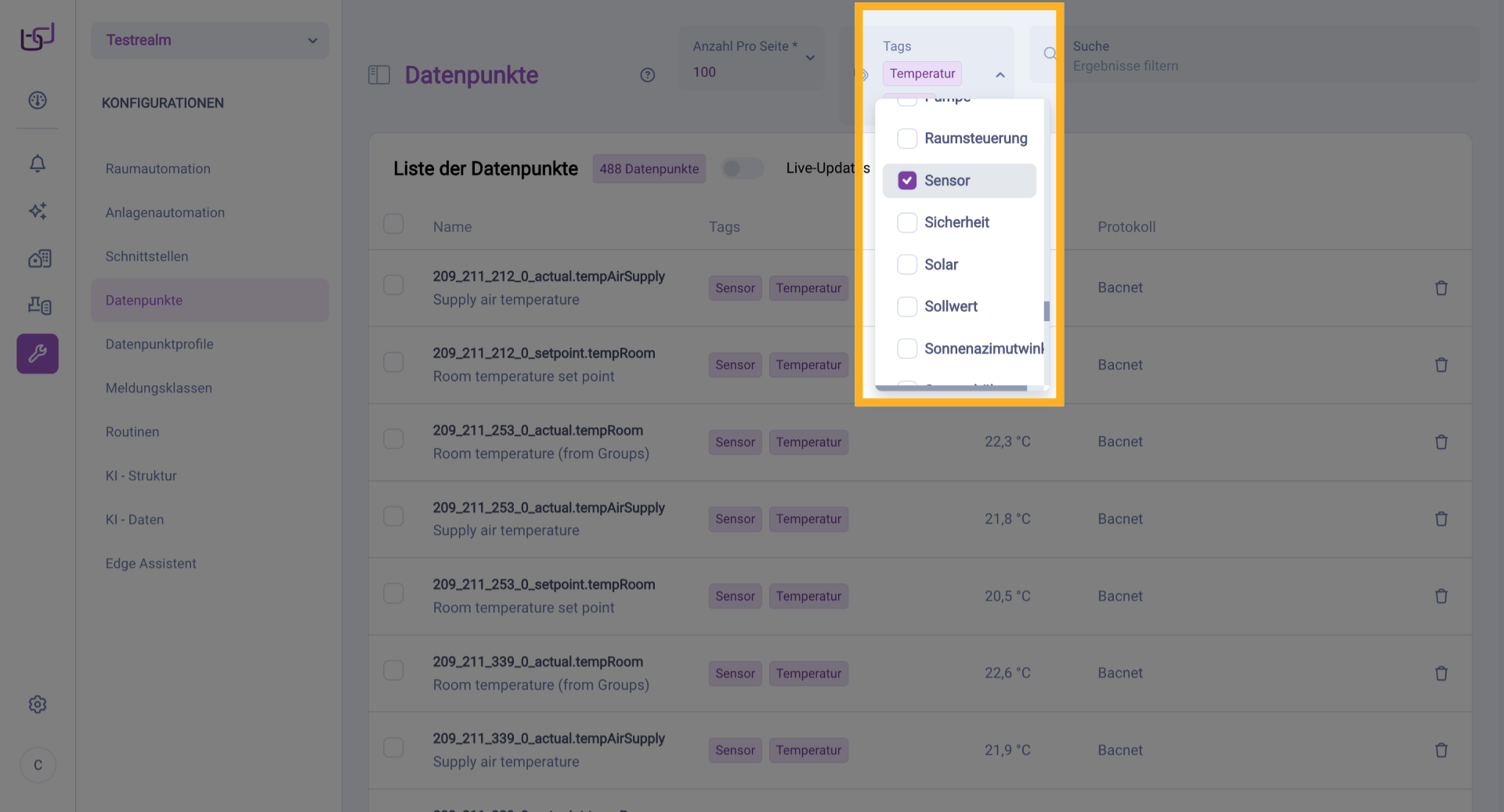 Gefilterte Datenpunkte Liste Anzeigen