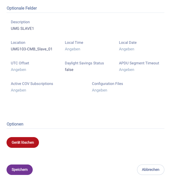 BACnet Gerät - Optionale Felder