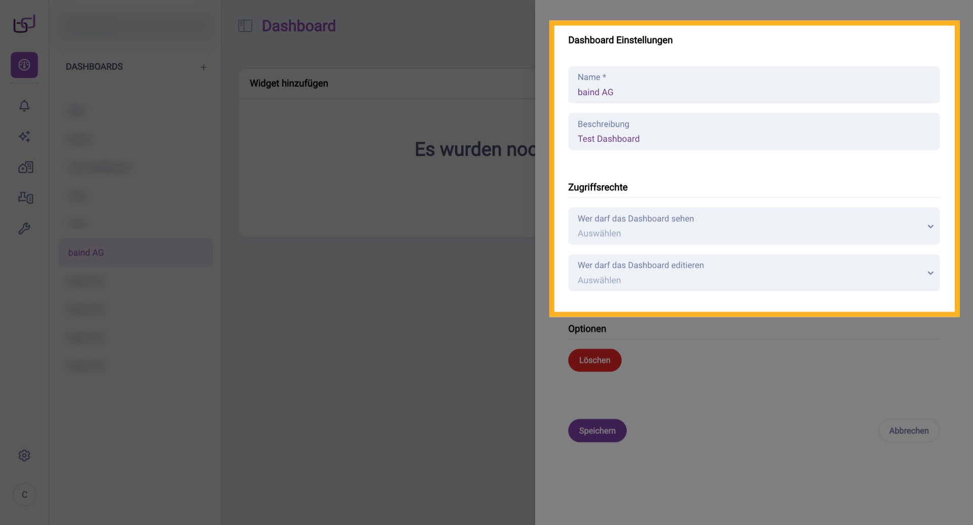 Dashboard Einstellungen