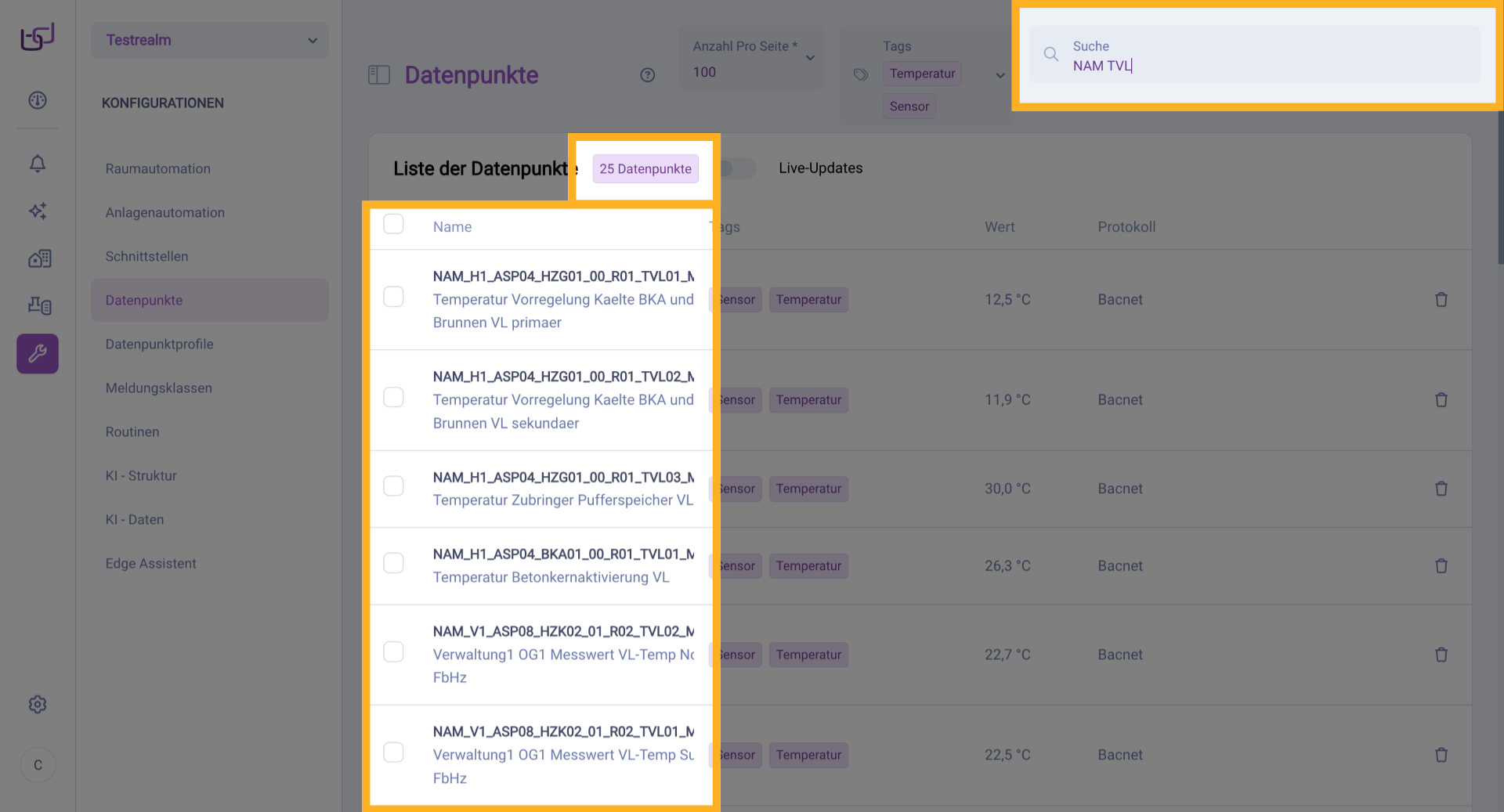 Gefilterte Datenpunkte Liste Anzeigen