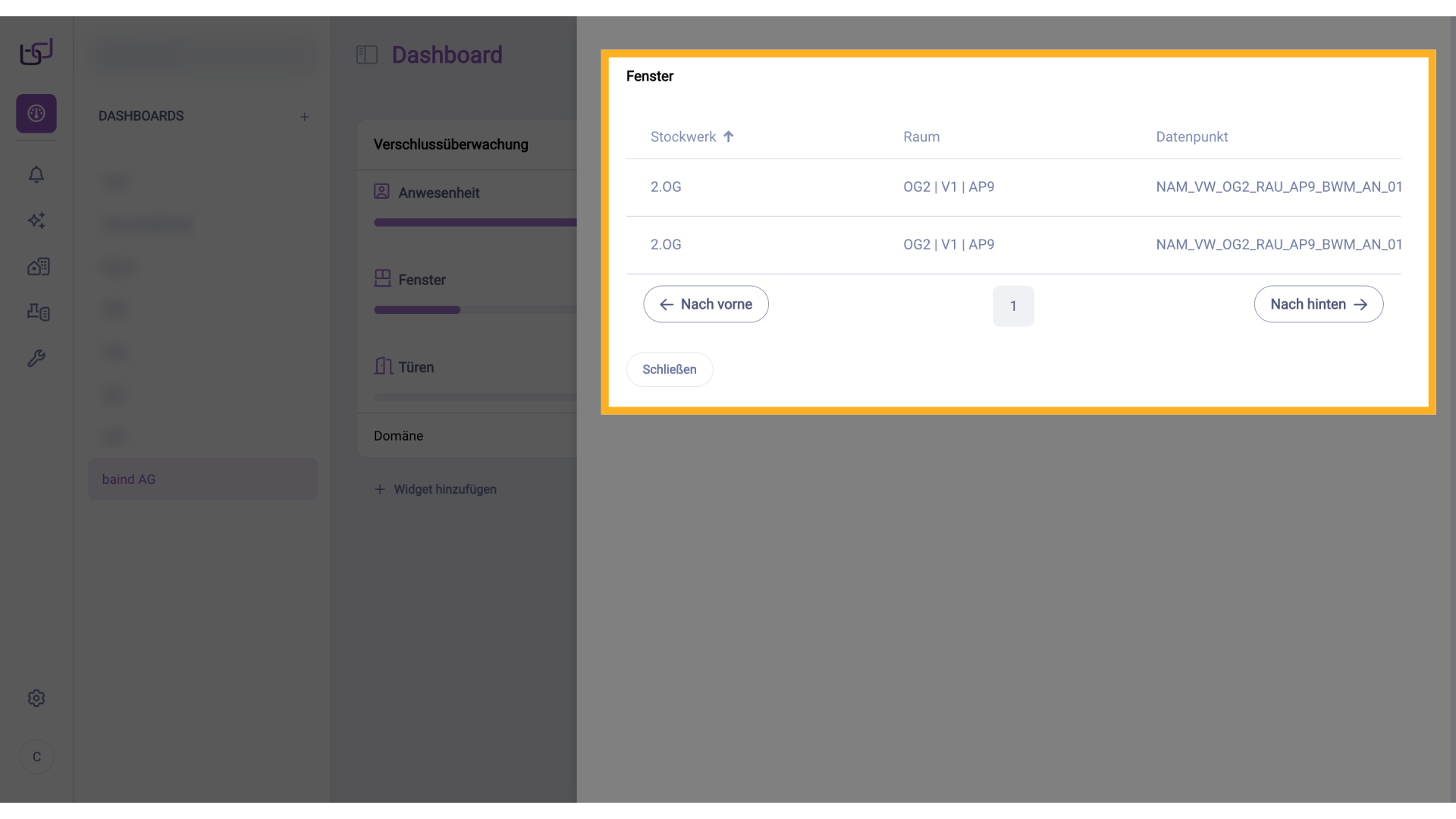 Widget Verschlussüberwachung