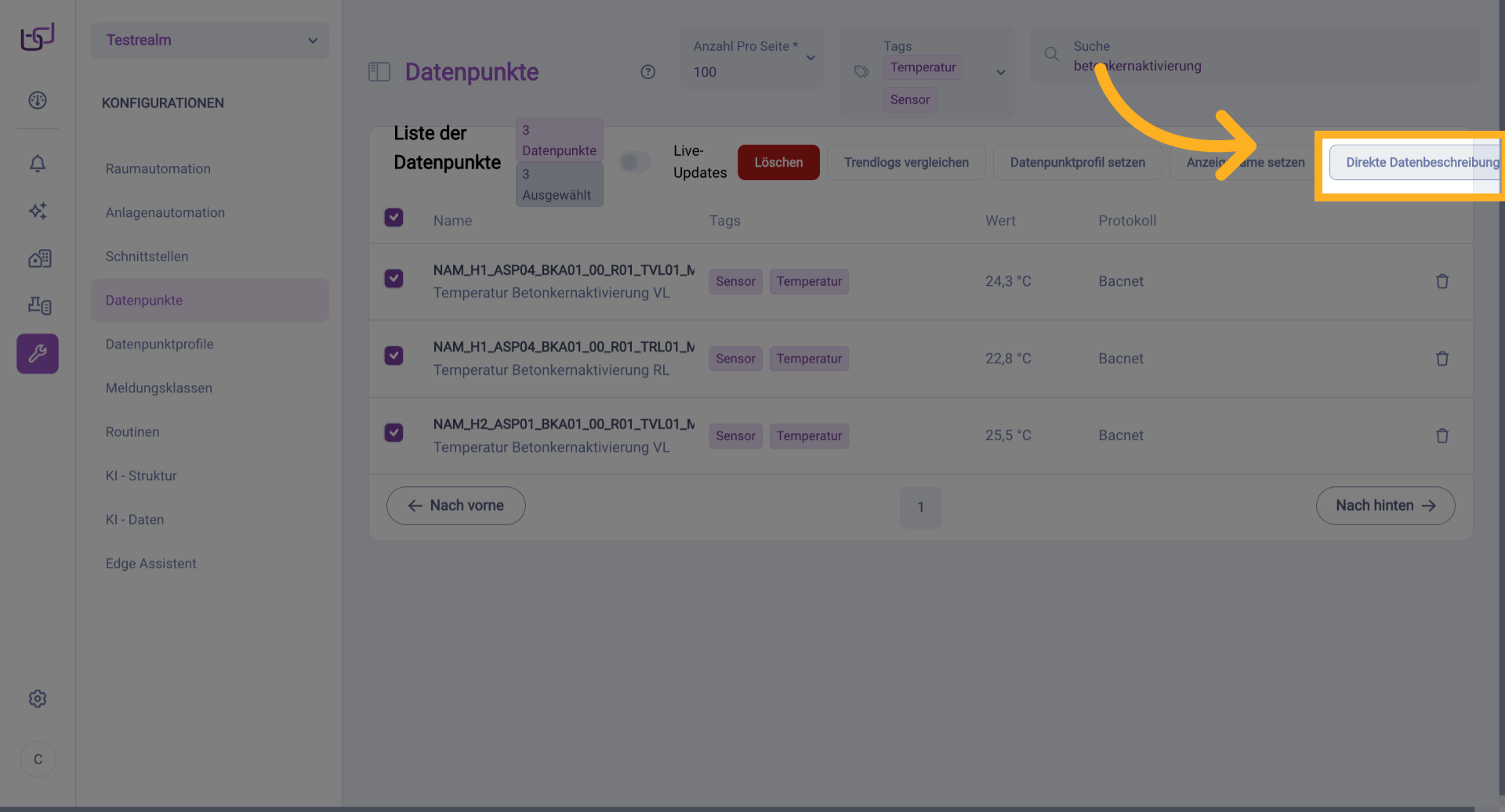 Direkte Datenbeschreibung Öffnen