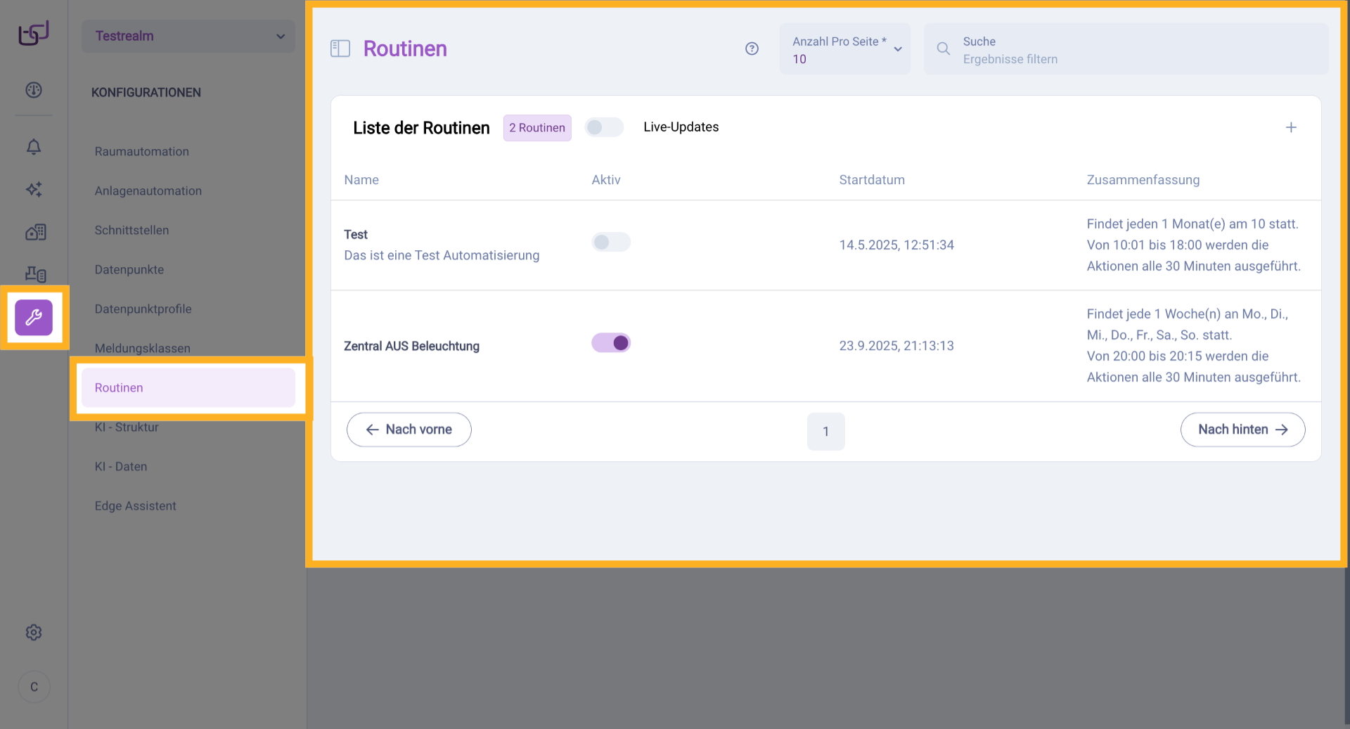 Routinenübersicht Öffnen