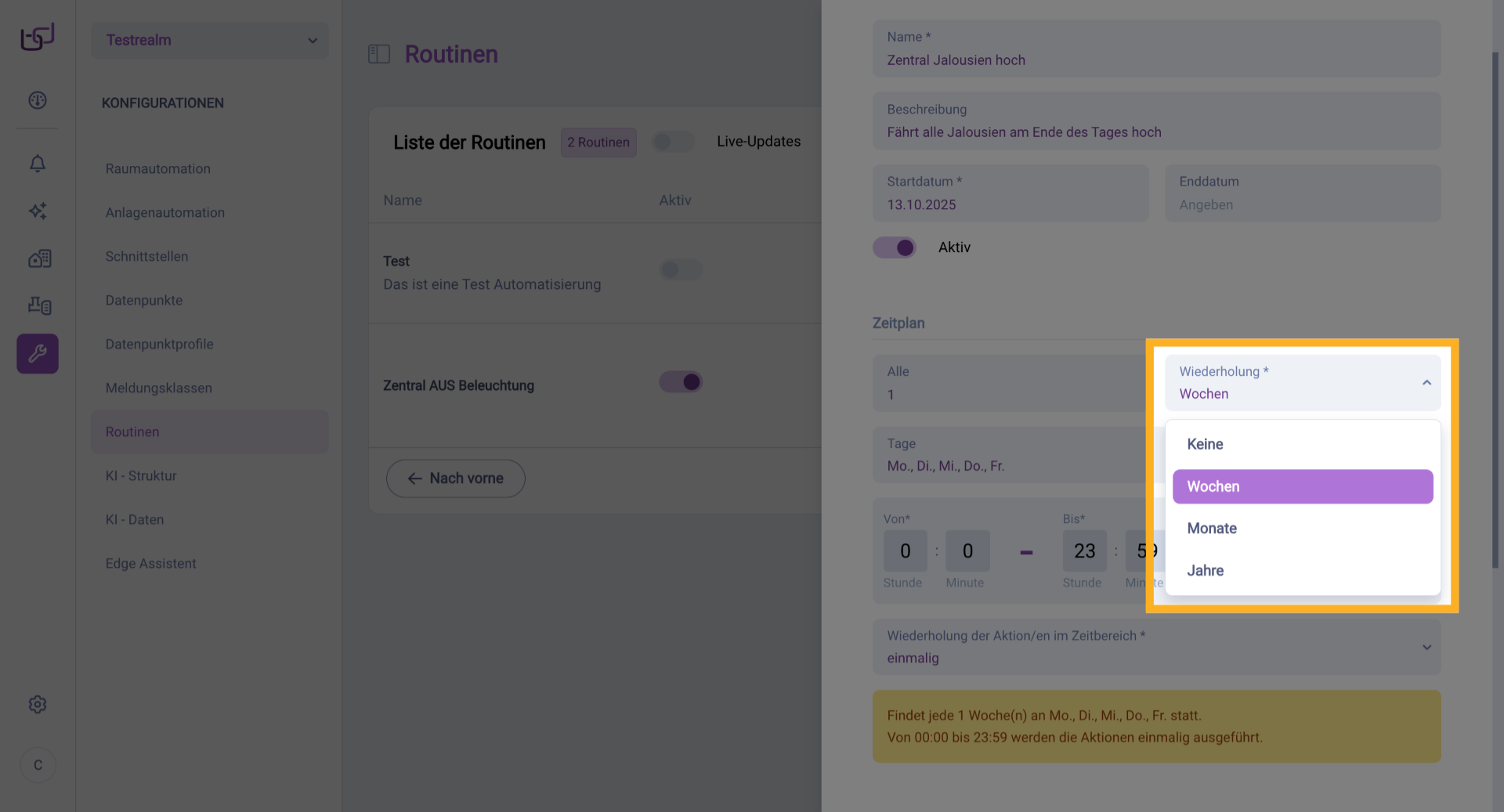 Wiederholungstyp 'Wochen' Bestätigen